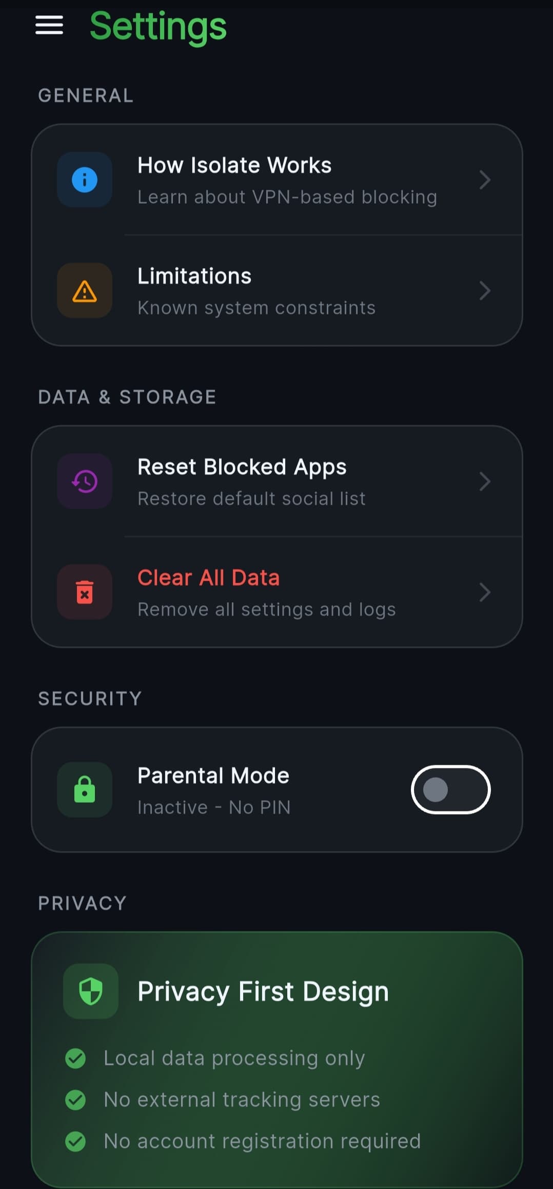 Isolate settings screen for app blocker preferences